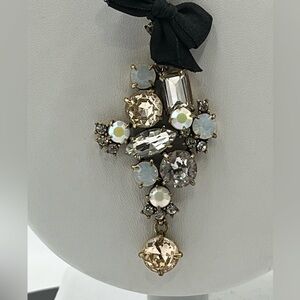 J. Crew Bronze Long White Clear Rhinestone Black Bow‎ Pendant Necklace
